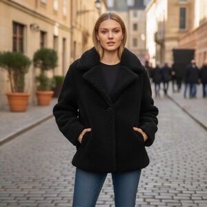 Sanctuary Clothing Black Single Button Teddy Coat Jacket Size M